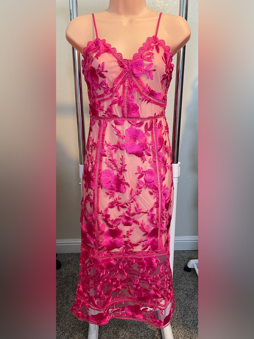 Just Me Hot Pink Floral Embroidered Midi Dress